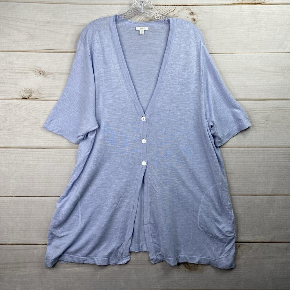 J Jill Cardigan Sweater Tunic Womens 2X Blue Linen Blend Shrt Slv Button Pockets